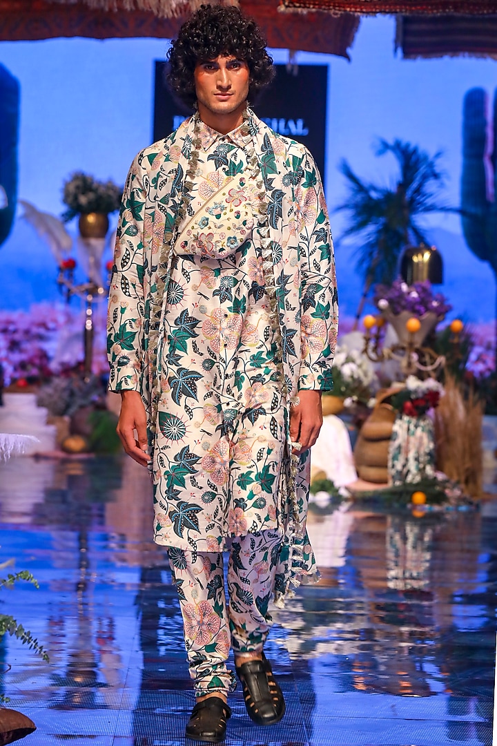 White Printed Kurta Set With Dupatta by Payal Singhal Men at Pernia's Pop Up Shop