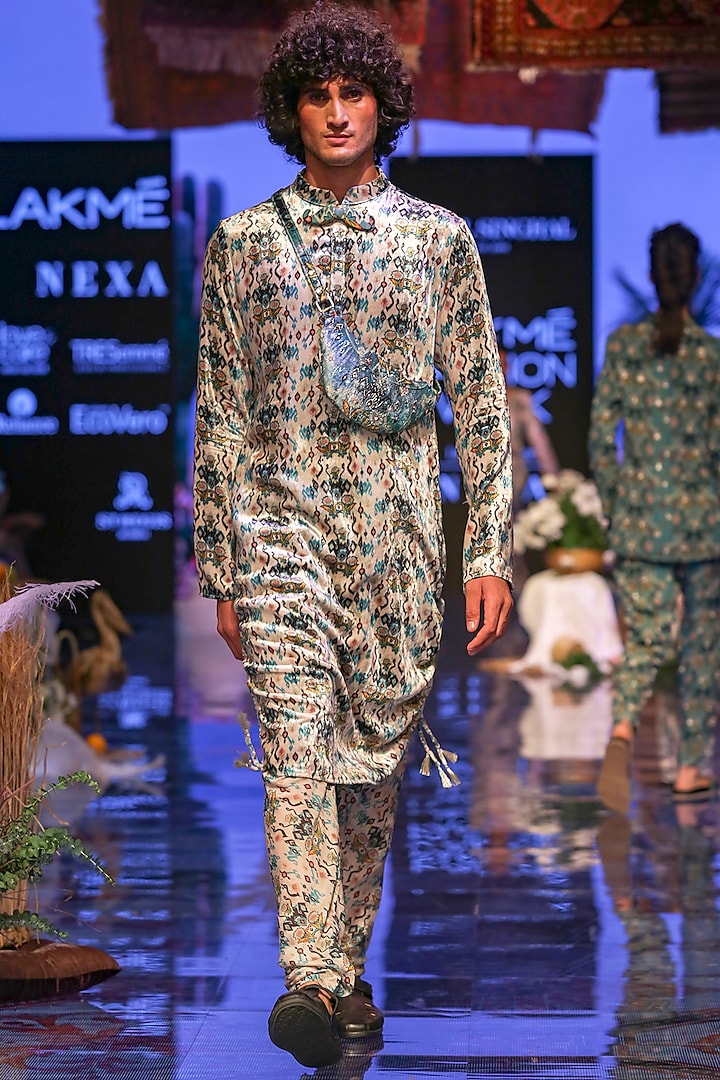 White Printed Kurta Set by Payal Singhal Men