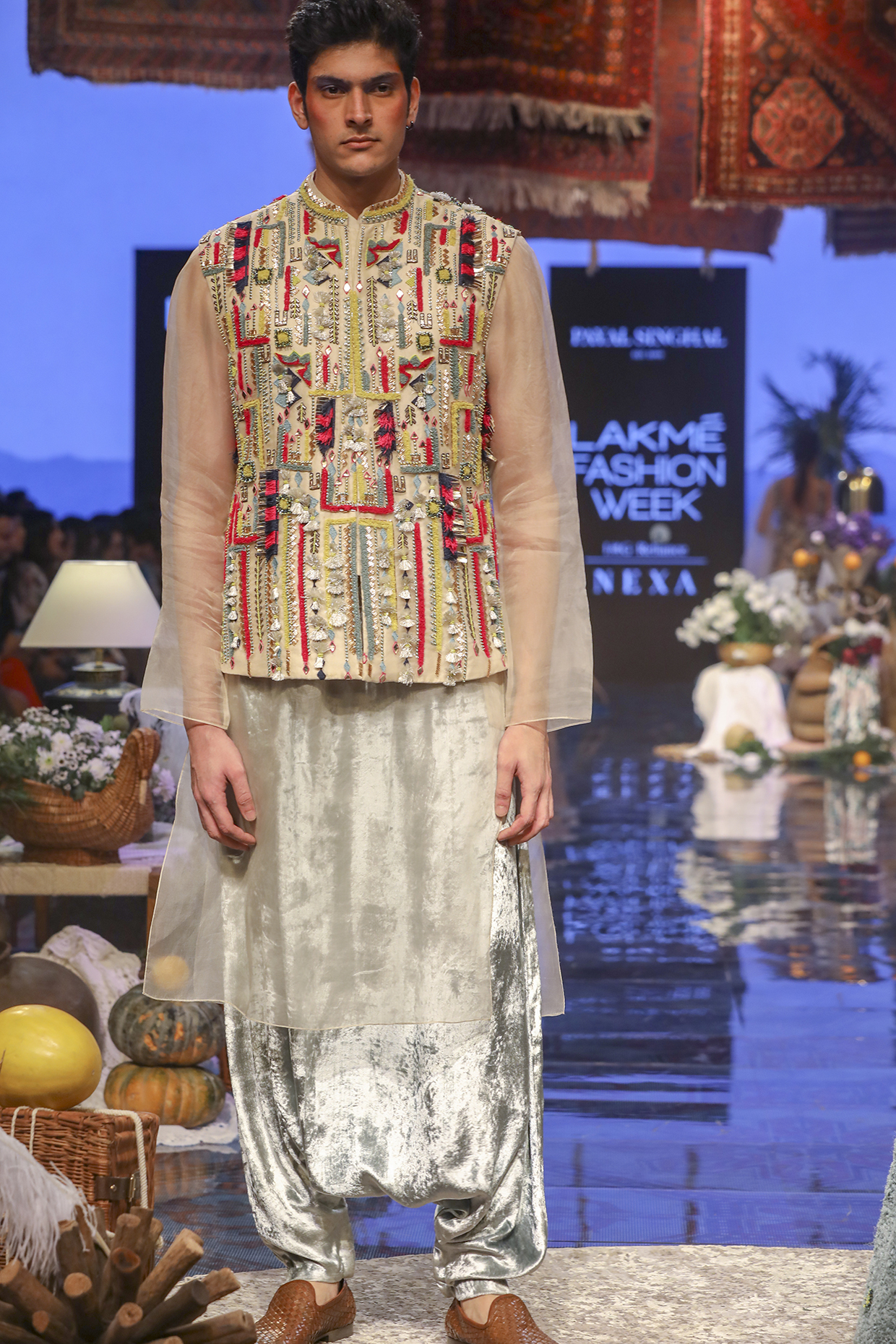 Stone Grey & Multi Embroidered Kurta Set With Jacket by Payal Singhal Men
