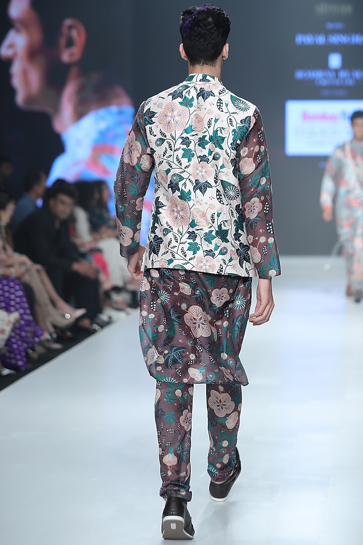 White Dupion Silk Abutilon Printed Nehru Jacket Set by Payal Singhal Men at Pernia's Pop Up Shop