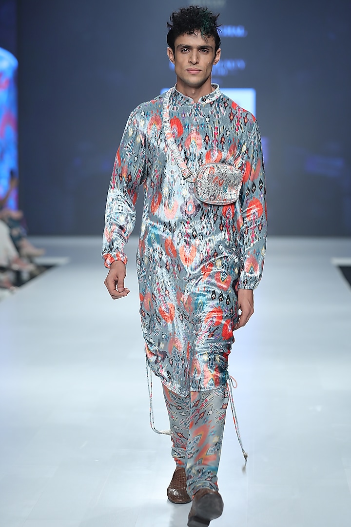 Powder Blue Printed Kurta Set by Payal Singhal Men