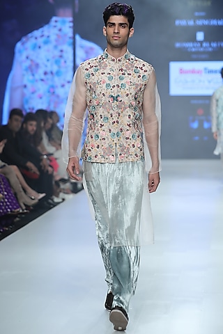 Stone Grey Organza Embroidered Bandhgala Set by Payal Singhal Men