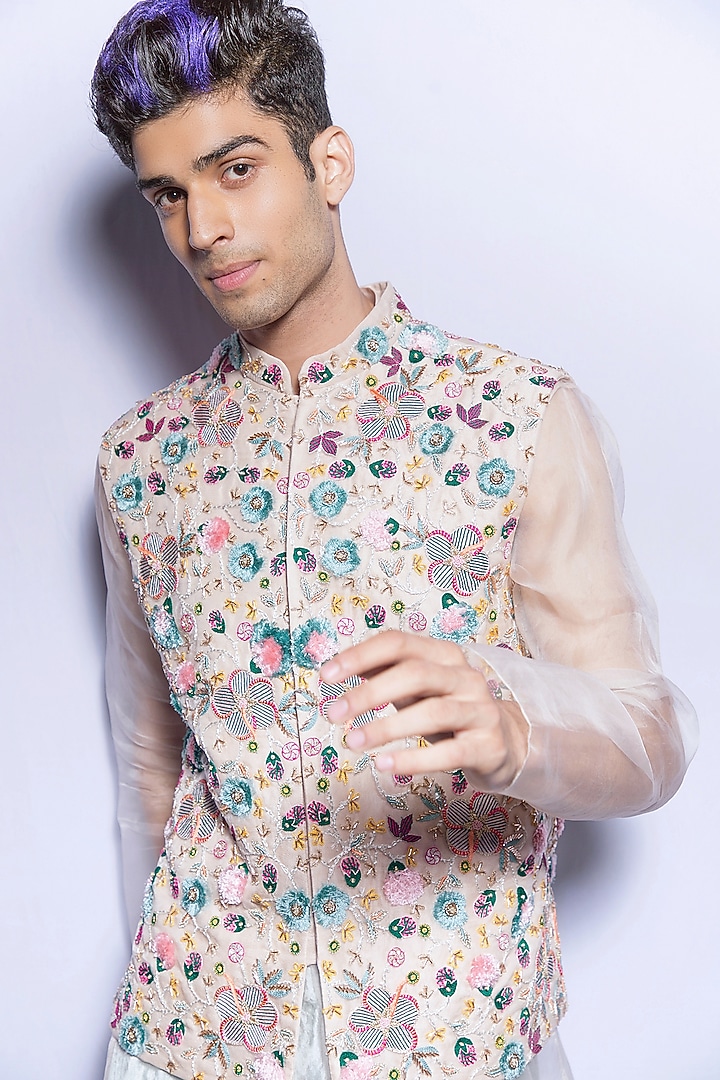 Stone Grey Organza Embroidered Wedding Bandhgala Set by Payal Singhal Men at Pernia's Pop Up Shop