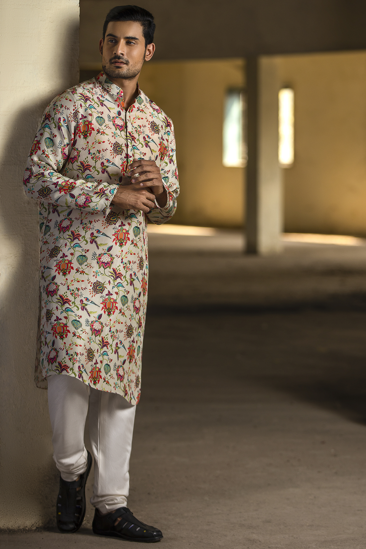 Khaki & Off White Printed Kurta Set by Payal Singhal Men