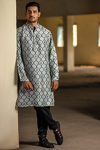 Powder Blue Printed Kurta Set by Payal Singhal Men