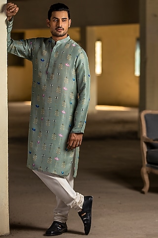 Mint & Off White Printed Kurta Set by Payal Singhal Men
