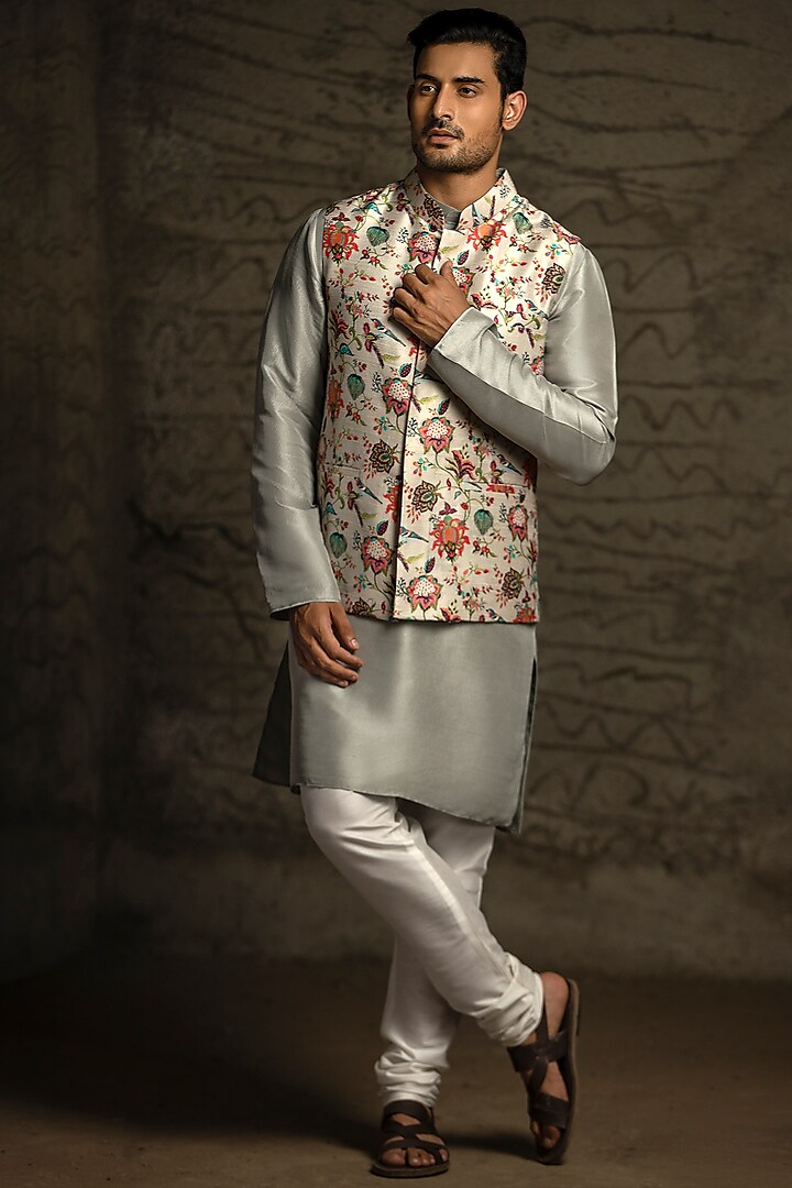 Off-White Printed Bundi Jacket With Powder Blue Kurta Set by Payal Singhal Men