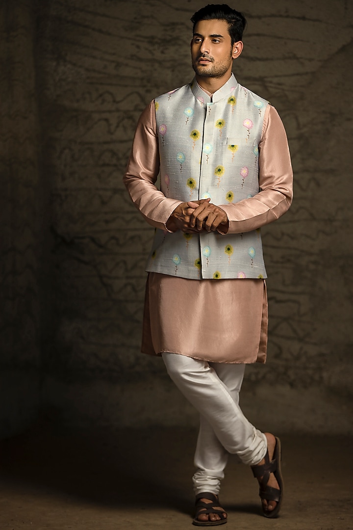 Grey & Blush Pink Printed Kurta Set With Bundi Jacket  by Payal Singhal Men