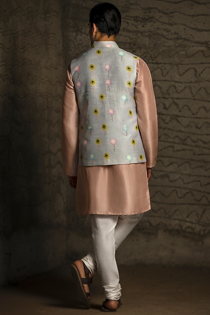 Grey & Blush Pink Printed Kurta Set With Bundi Jacket by Payal Singhal Men at Pernia's Pop Up Shop