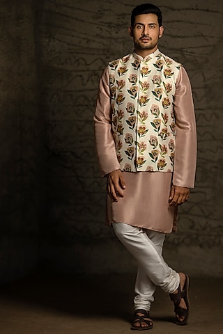 Cream Dupion Silk Floral Printed Bundi Jacket Set by Payal Singhal Men