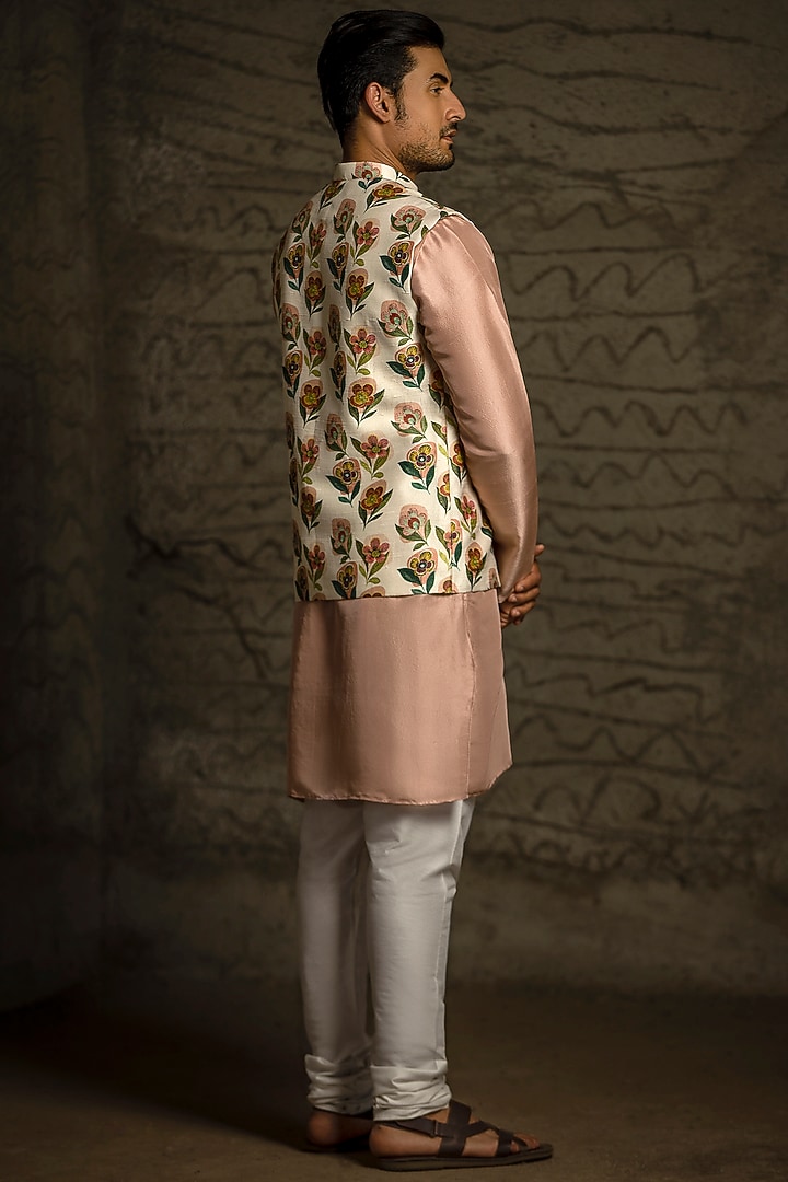 Cream Dupion Silk Floral Printed Bundi Jacket Set by Payal Singhal Men at Pernia's Pop Up Shop