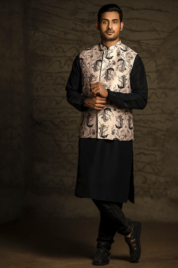 Blush Pink & Black Printed Kurta Set With Bundi Jacket by Payal Singhal Men