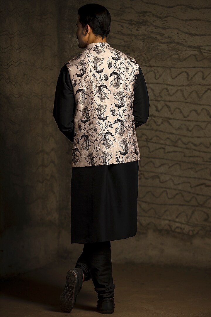 Blush Pink Dupion Silk Floral Printed Bundi Jacket Set by Payal Singhal Men at Pernia's Pop Up Shop