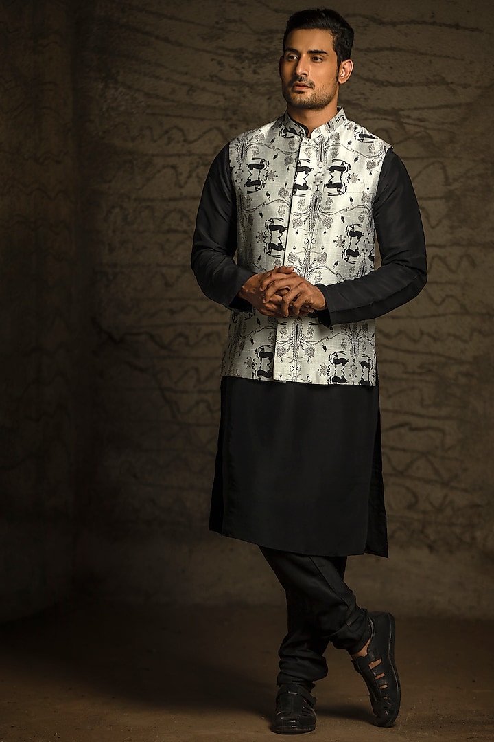 Grey & Black Printed Kurta Set With Bundi Jacket by Payal Singhal Men