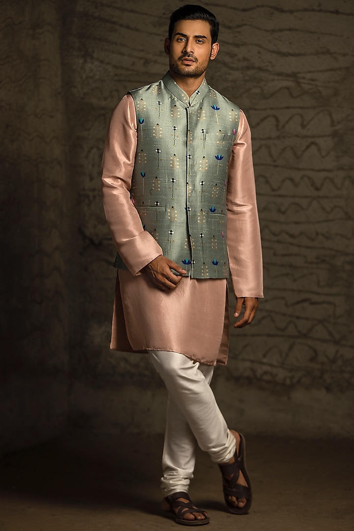 Green & Blush Pink Printed Kurta Set With Bundi Jacket by Payal Singhal Men