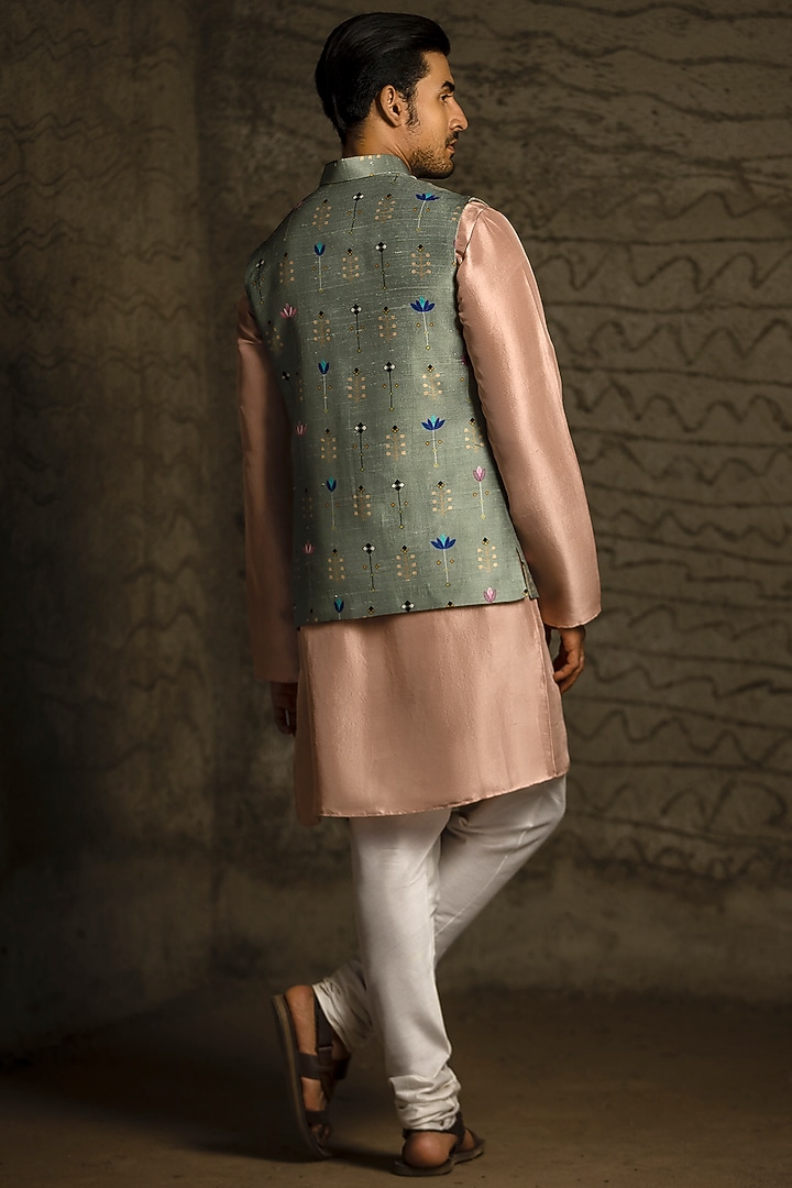 Green Dupion Silk Floral Printed Bundi Jacket Set by Payal Singhal Men at Pernia's Pop Up Shop