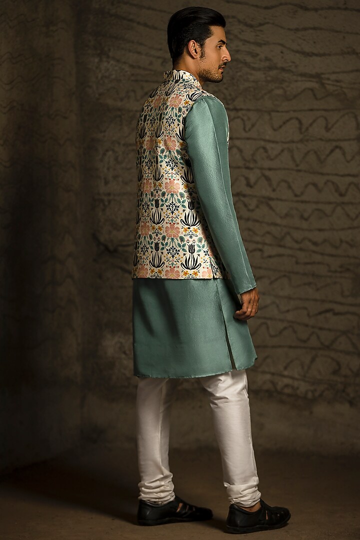 Off-White Dupion Silk Floral Printed Nehru Jacket Set by Payal Singhal Men at Pernia's Pop Up Shop