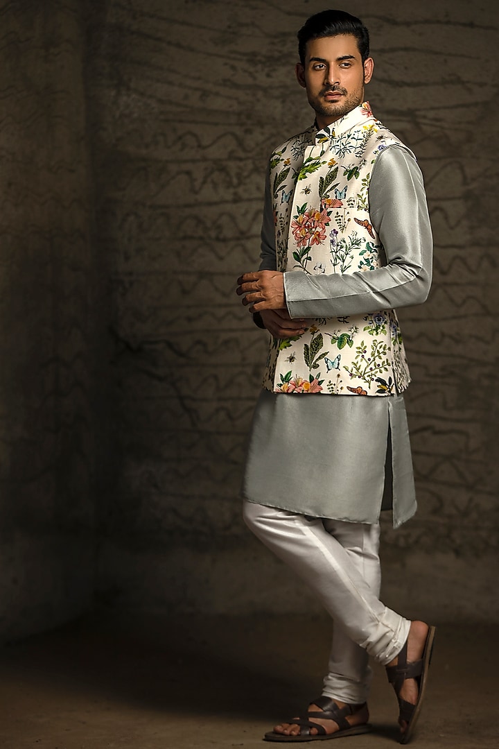 Ivory & Grey Printed Kurta Set With Bundi Jacket by Payal Singhal Men