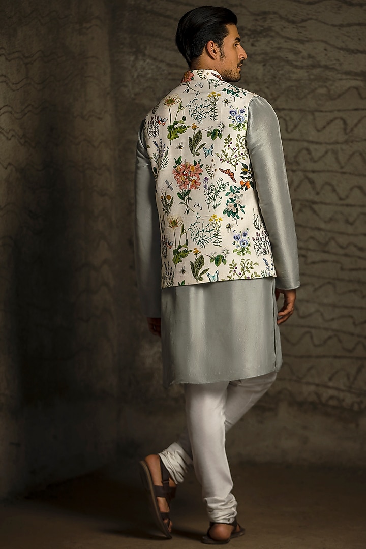Ivory Dupion Silk Floral Printed Bundi Jacket Set by Payal Singhal Men at Pernia's Pop Up Shop