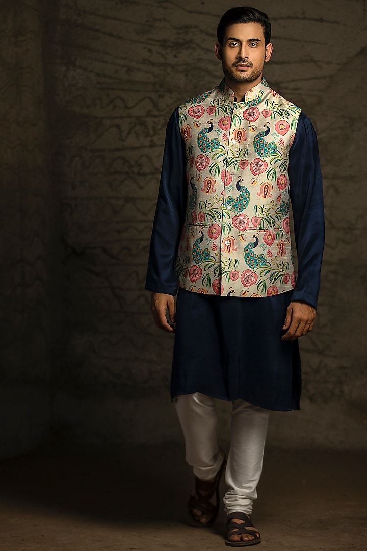 Navy Blue & Off White Printed Kurta Set With Bundi Jacket by Payal Singhal Men