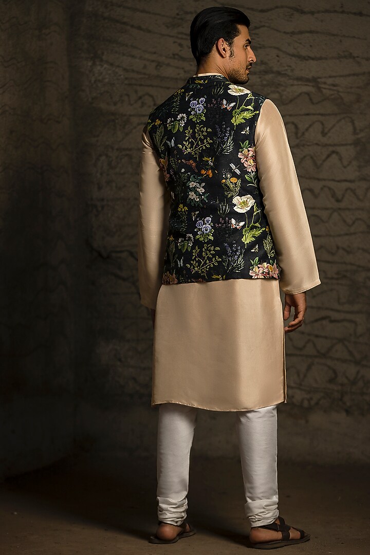 Black Dupion Silk Floral Printed Bundi Jacket Set by Payal Singhal Men at Pernia's Pop Up Shop