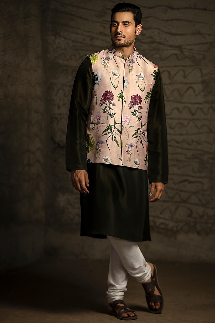 Blush Pink & Forest Green Printed Kurta Set With Bundi Jacket by Payal Singhal Men