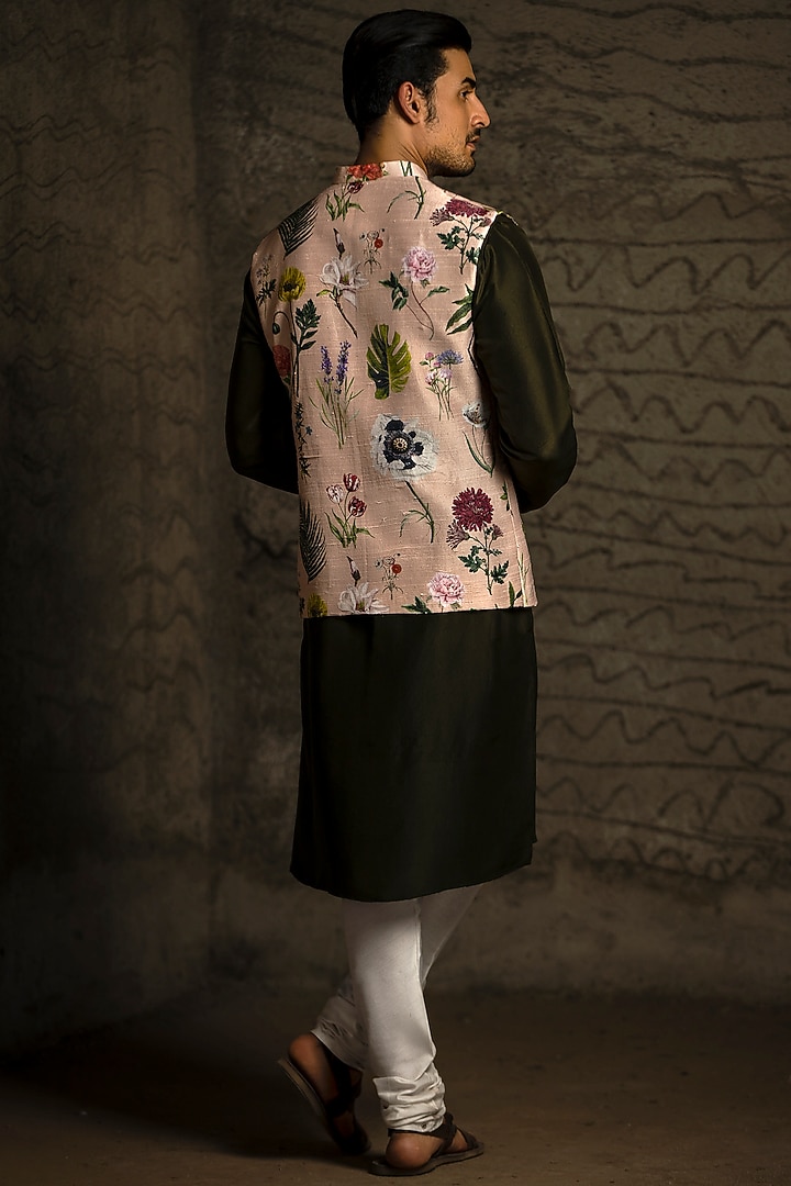 Blush Pink Dupion Silk Floral Printed Bundi Jacket Set by Payal Singhal Men at Pernia's Pop Up Shop
