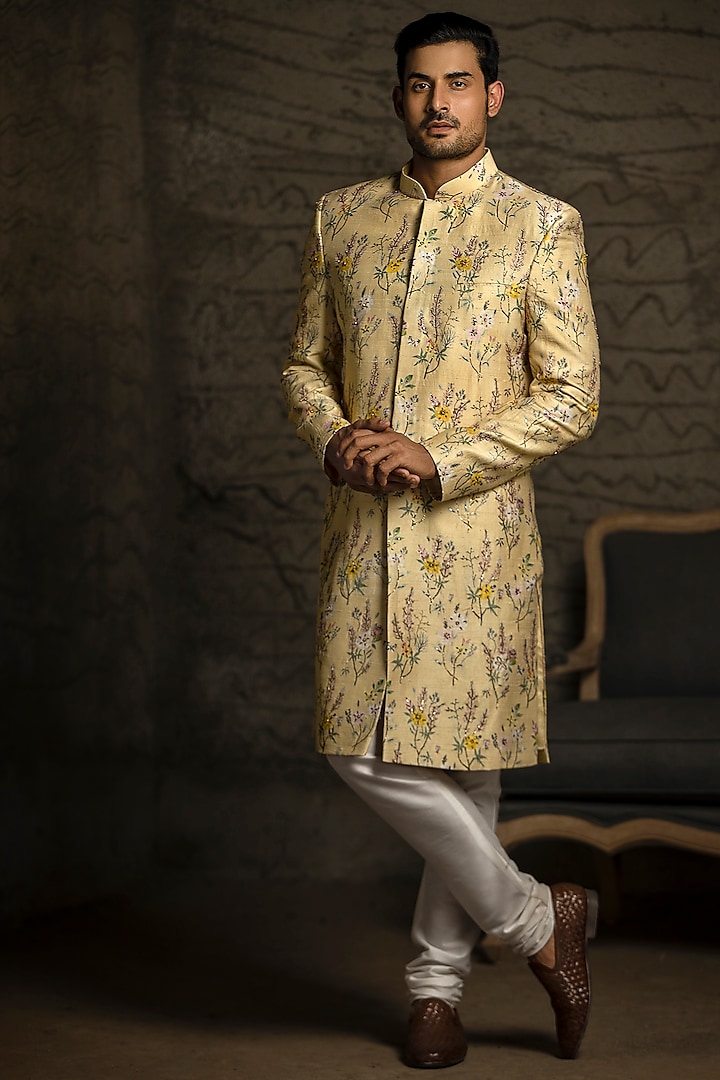 Yellow & Off White Embroidered Sherwani Set by Payal Singhal Men