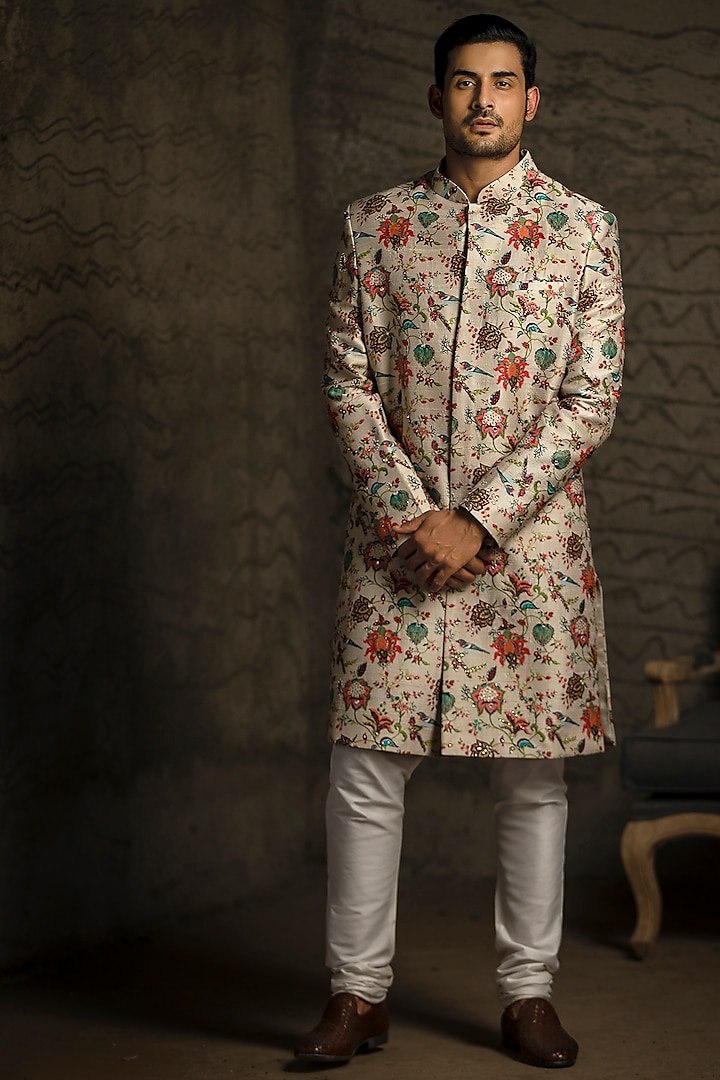 Khaki & Off White Embroidered Sherwani Set by Payal Singhal Men