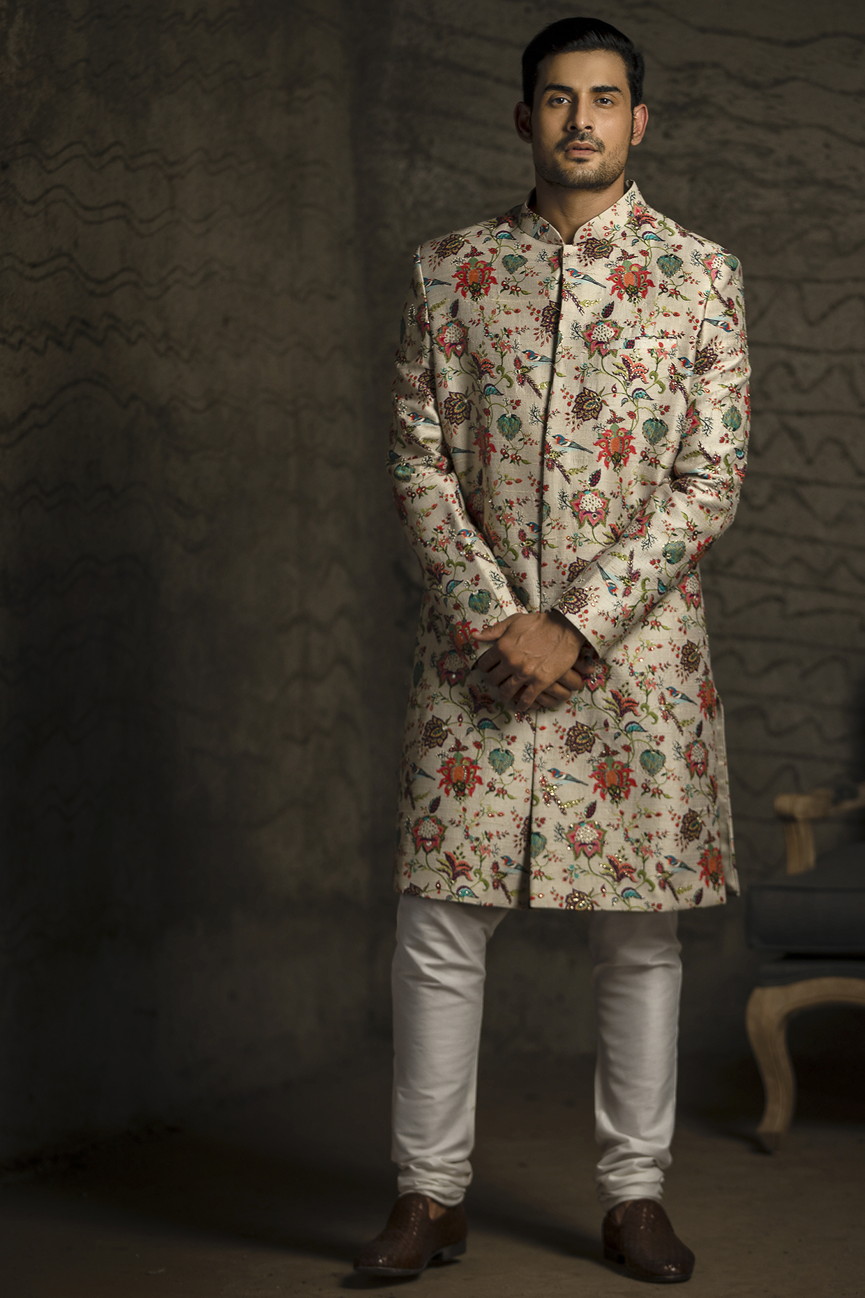 Khaki & Off White Embroidered Sherwani Set by Payal Singhal Men