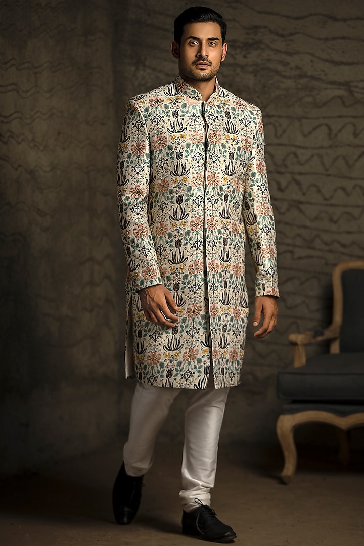 Cream & Off White Embroidered Sherwani Set by Payal Singhal Men