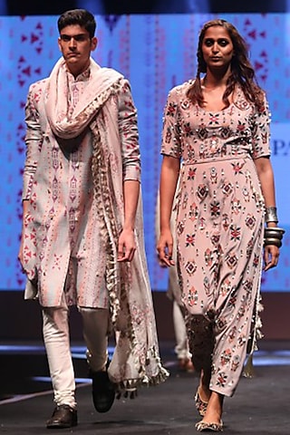 Shahab Grey Dupion Silk Printed Sherwani Set by Payal Singhal Men