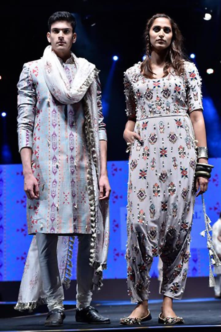 Shahab Grey Dupion Silk Printed Wedding Sherwani Set by Payal Singhal Men at Pernia's Pop Up Shop