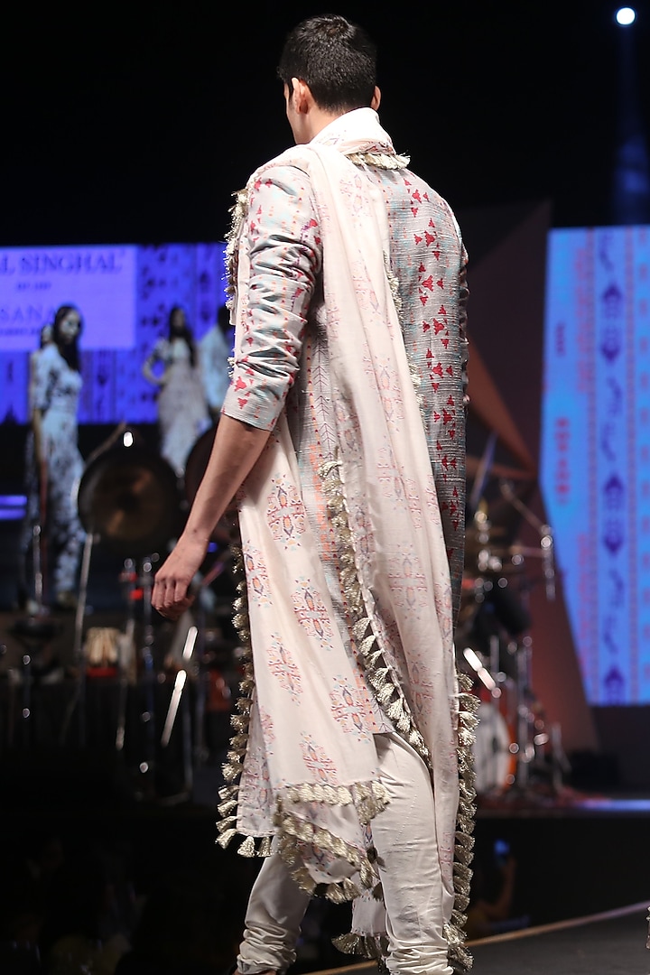 Shahab Grey Dupion Silk Printed Wedding Sherwani Set by Payal Singhal Men at Pernia's Pop Up Shop