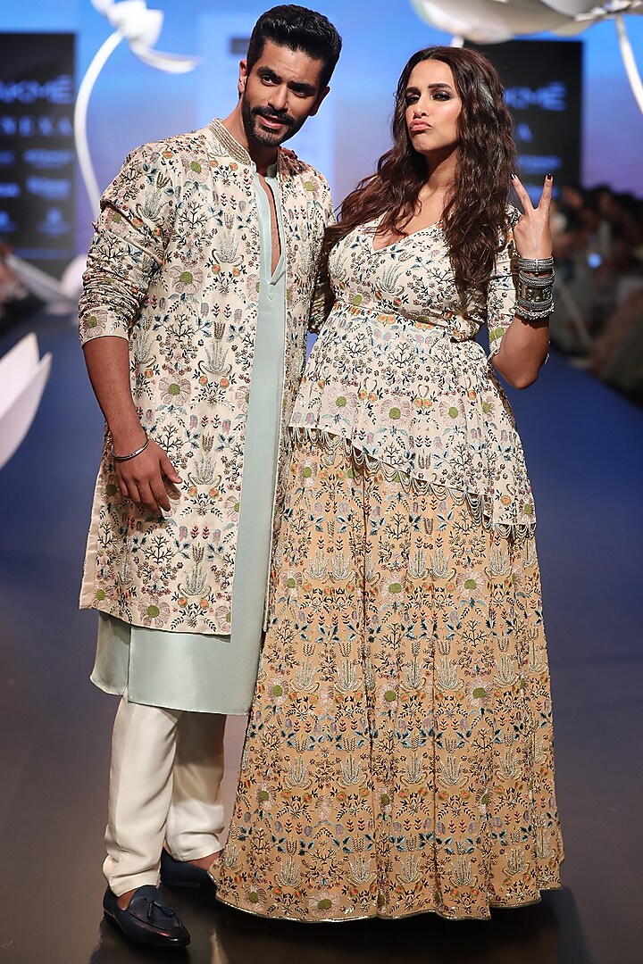 Tahir Ice Blue Silk Kurta Set by Payal Singhal Men at Pernia's Pop Up Shop
