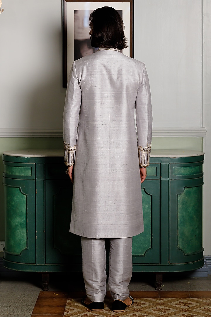 Grey Dupion Silk Embroidered Wedding Sherwani Set by Payal Singhal Men at Pernia's Pop Up Shop