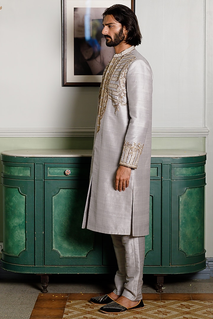 Grey Dupion Silk Embroidered Wedding Sherwani Set by Payal Singhal Men at Pernia's Pop Up Shop