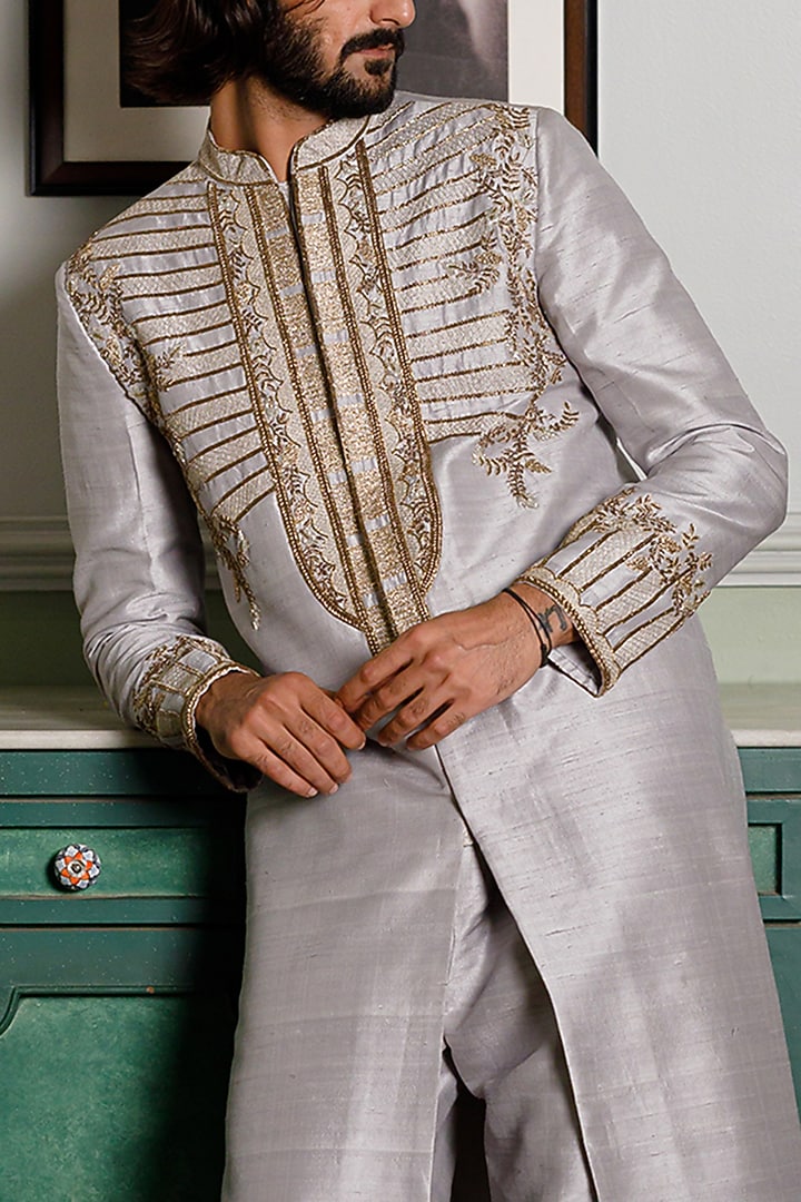 Grey Dupion Silk Embroidered Wedding Sherwani Set by Payal Singhal Men at Pernia's Pop Up Shop