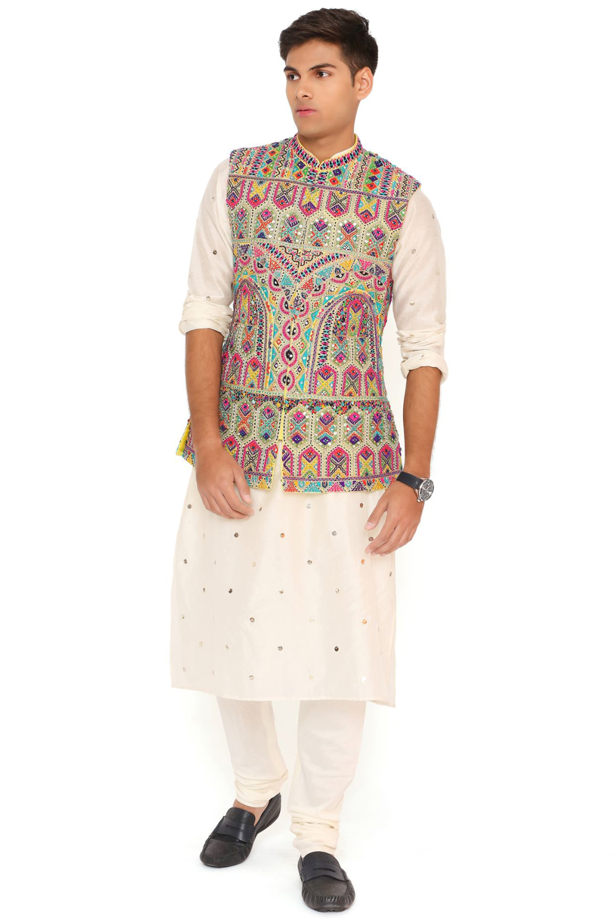 Yellow Georgette Embroidered Bundi Jacket Set by Payal Singhal Men at Pernia's Pop Up Shop