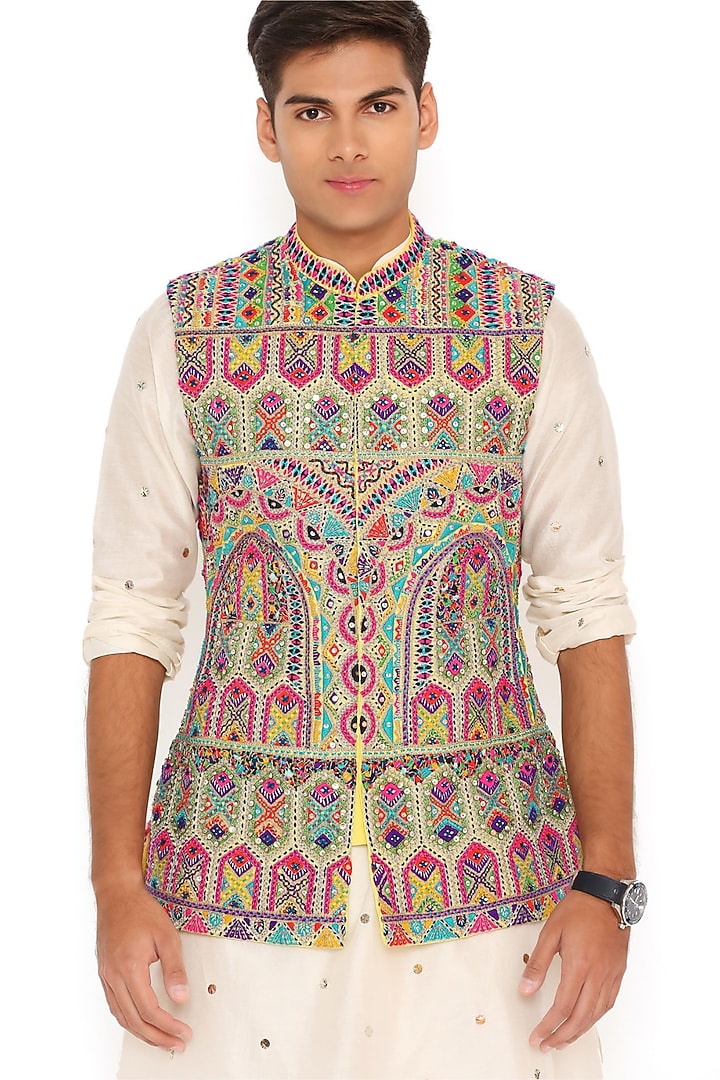 Yellow Georgette Embroidered Bundi Jacket Set by Payal Singhal Men at Pernia's Pop Up Shop
