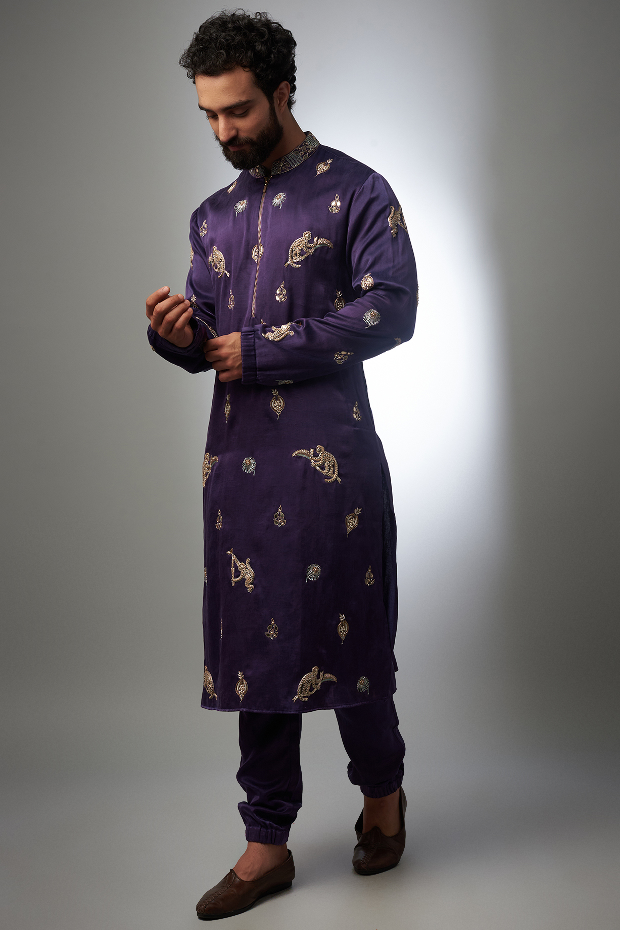 Purple Satin Embroidered Kurta Set by Payal Singhal Men