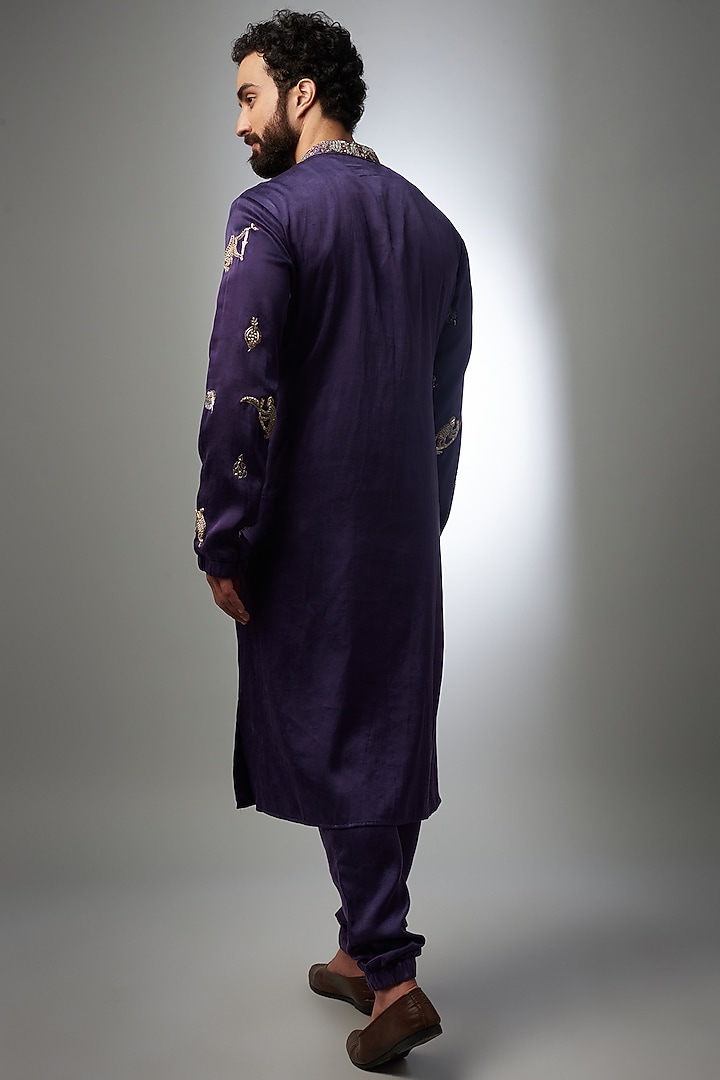 Purple Satin Embroidered Kurta Set by Payal Singhal Men at Pernia's Pop Up Shop