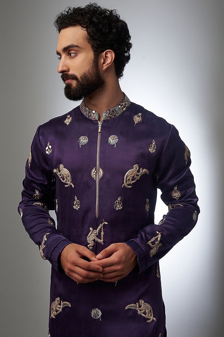 Purple Satin Embroidered Kurta Set by Payal Singhal Men at Pernia's Pop Up Shop