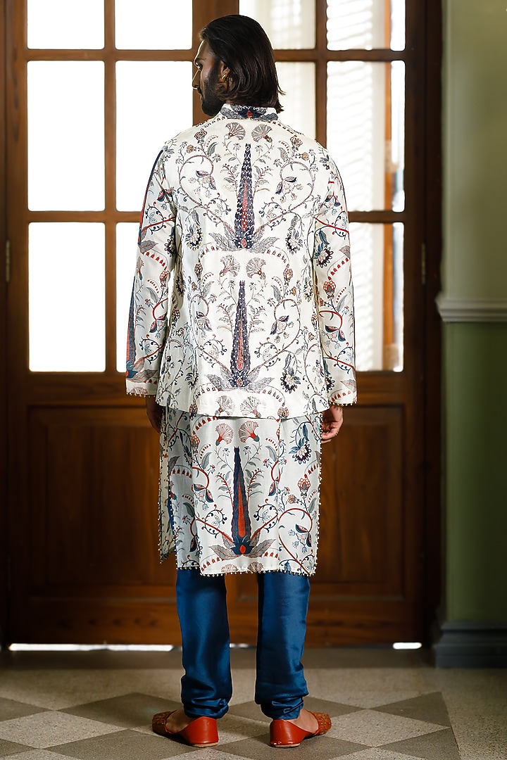 Blue Velvet Printed & Embroidered Bundi Jacket Set by Payal Singhal Men at Pernia's Pop Up Shop