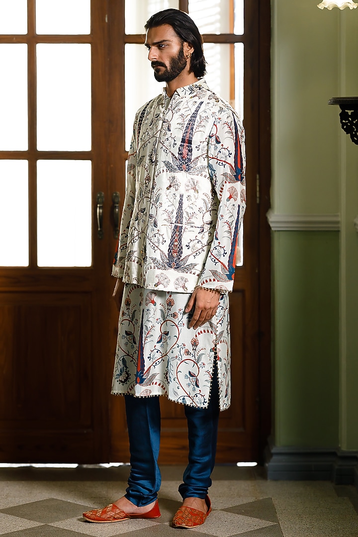 Blue Velvet Printed & Embroidered Bundi Jacket Set by Payal Singhal Men at Pernia's Pop Up Shop