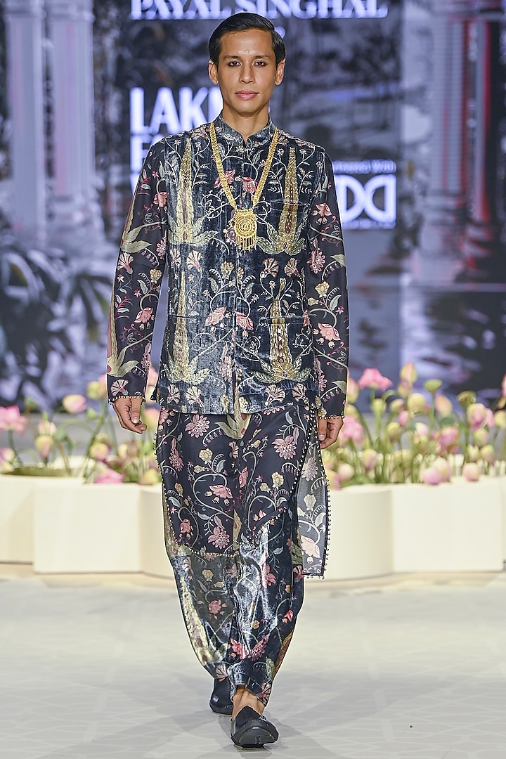 Black Velvet Printed & Embroidered Bundi Jacket Set by Payal Singhal Men