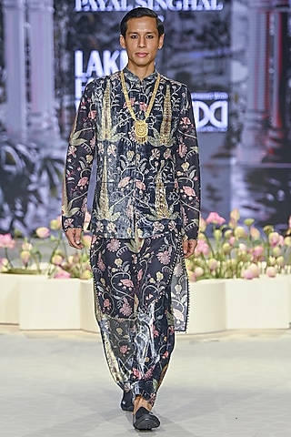 Black Velvet Printed & Embroidered Bundi Jacket Set by Payal Singhal Men