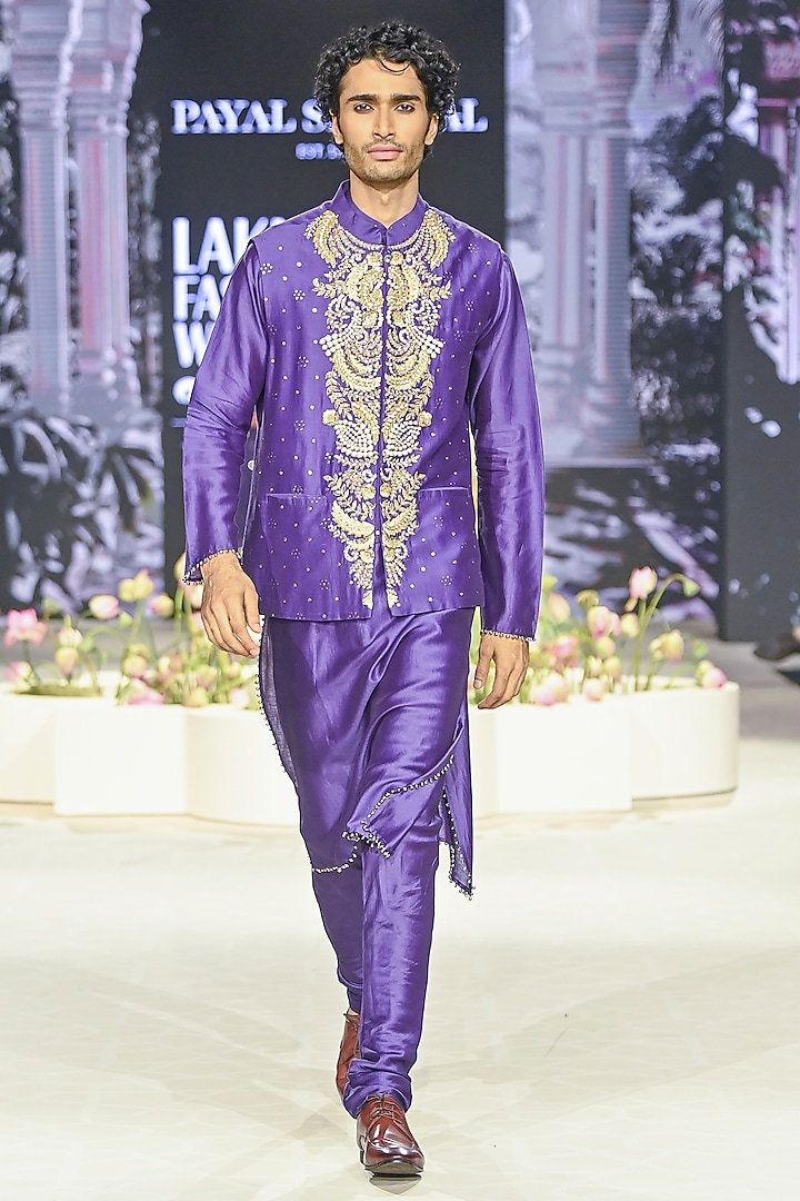 Purple Mukaish Silkmul Embroidered Bundi Jacket Set by Payal Singhal Men