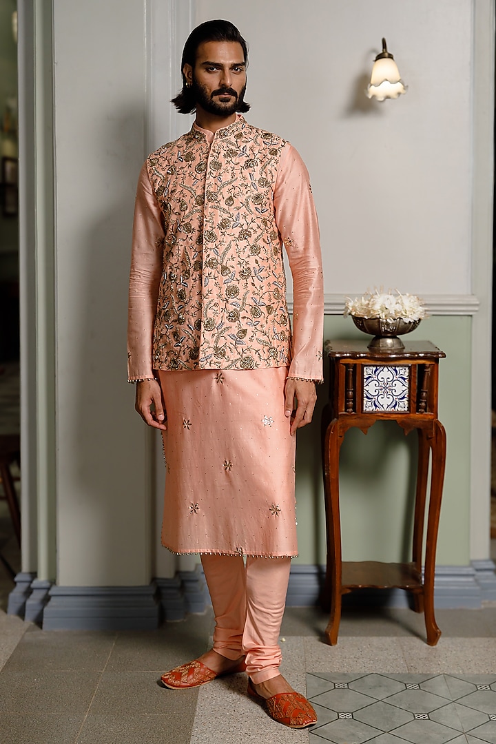 Peach Dupion Silk Embroidered Bundi Jacket Set by Payal Singhal Men