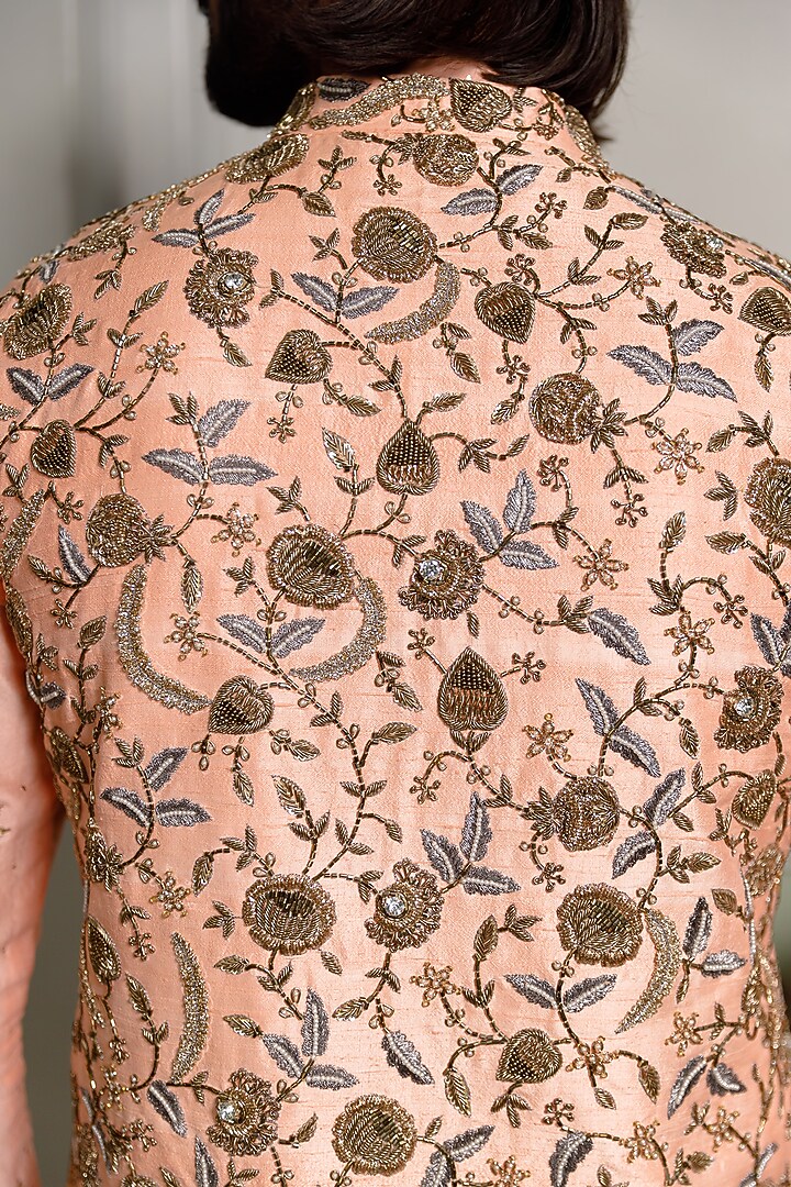 Peach Dupion Silk Embroidered Bundi Jacket Set by Payal Singhal Men at Pernia's Pop Up Shop